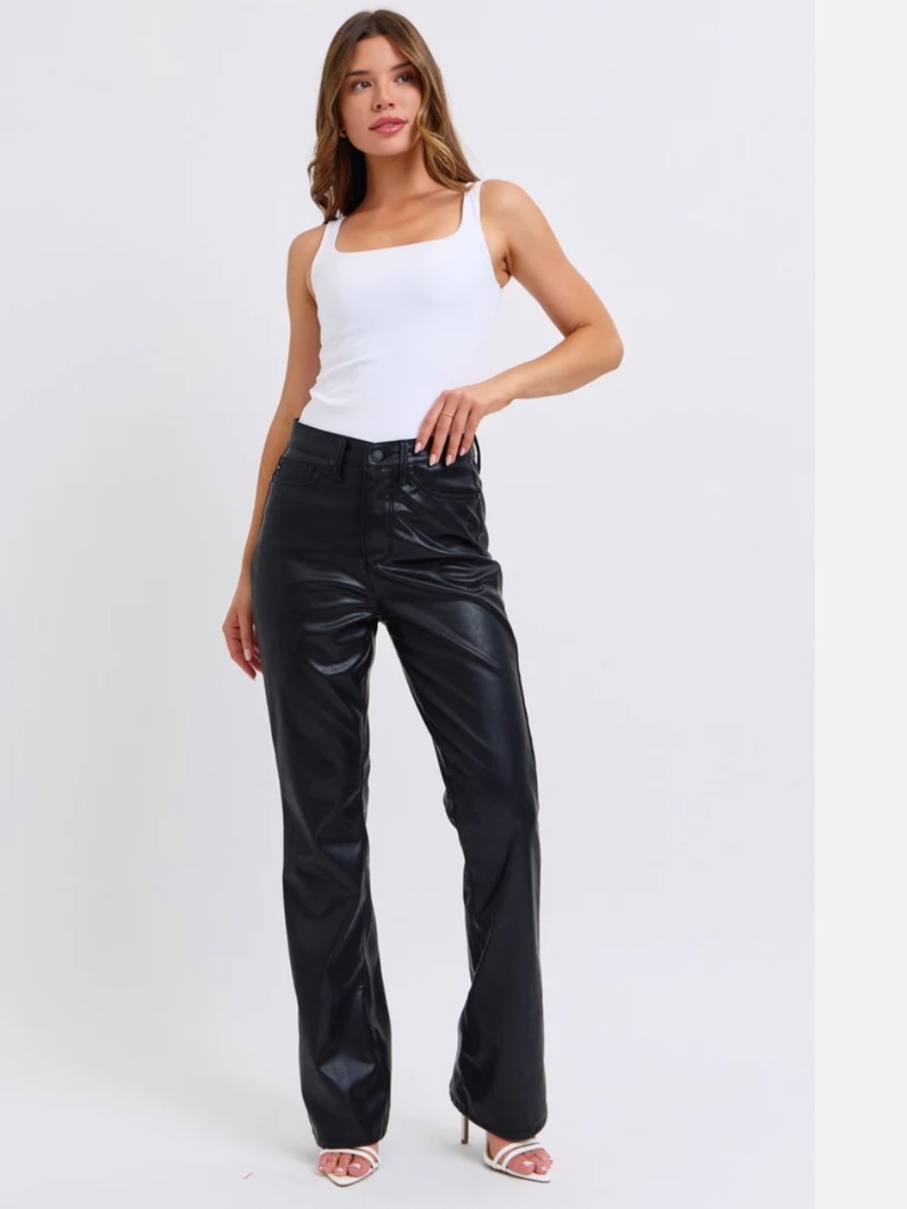 NWT Judy Blue Straight Black Faux Leather Tummy Control High Rise Pants 7/28